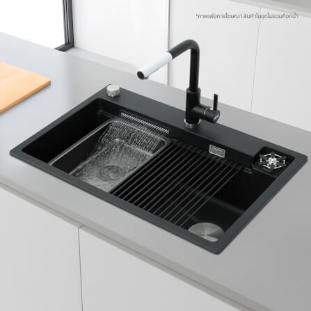 ซิงค์ล้างจานแกรนิตม่ายน้ำตก 1 หลุม หินแกรนิตสังเคราะห์ EVE รุ่น ROMA 750/480 BLACK ขนาด 75 ซม. สีดำ_6